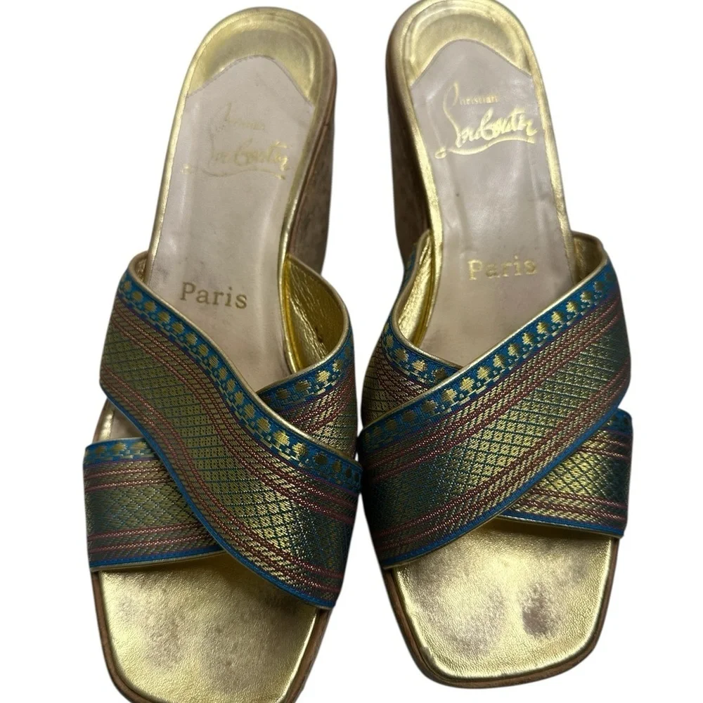 Christian Louboutin Gold and Blue Wedge Sandals, pre-owned, SZ 6.5